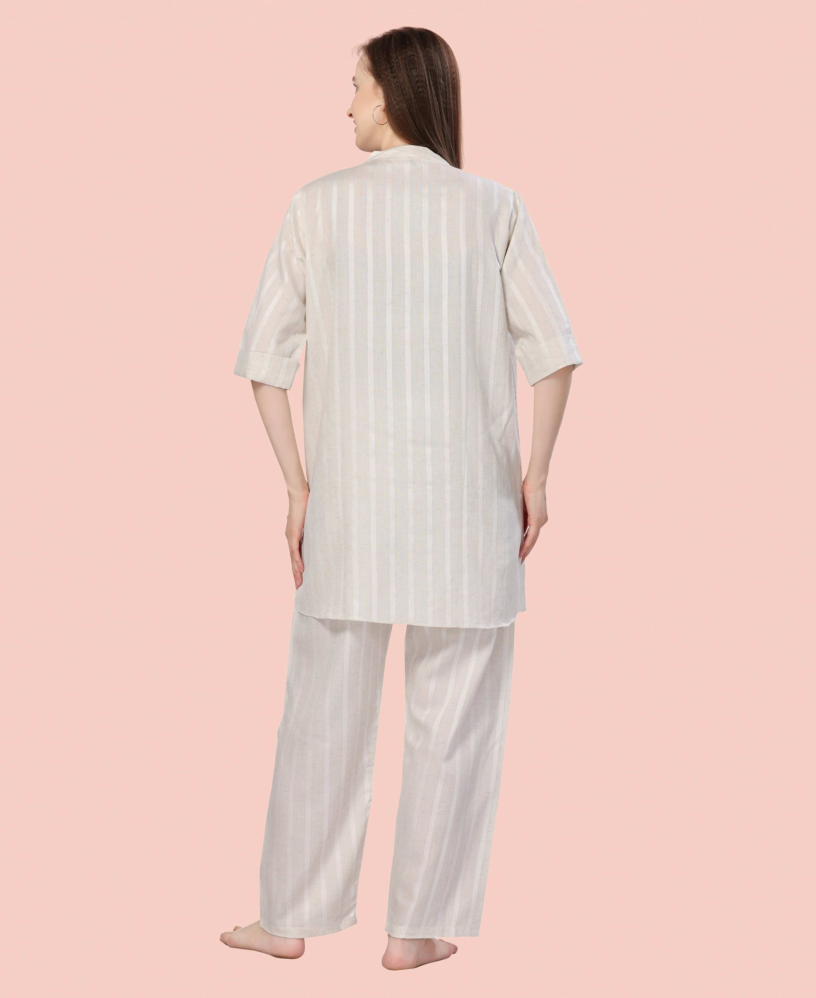 Velure Graceful Cream Kurti Style Night Suit - Velure - - 3/4 Sleeves, Collar Neck, Cotton, Front Button Open, Full Length Pant