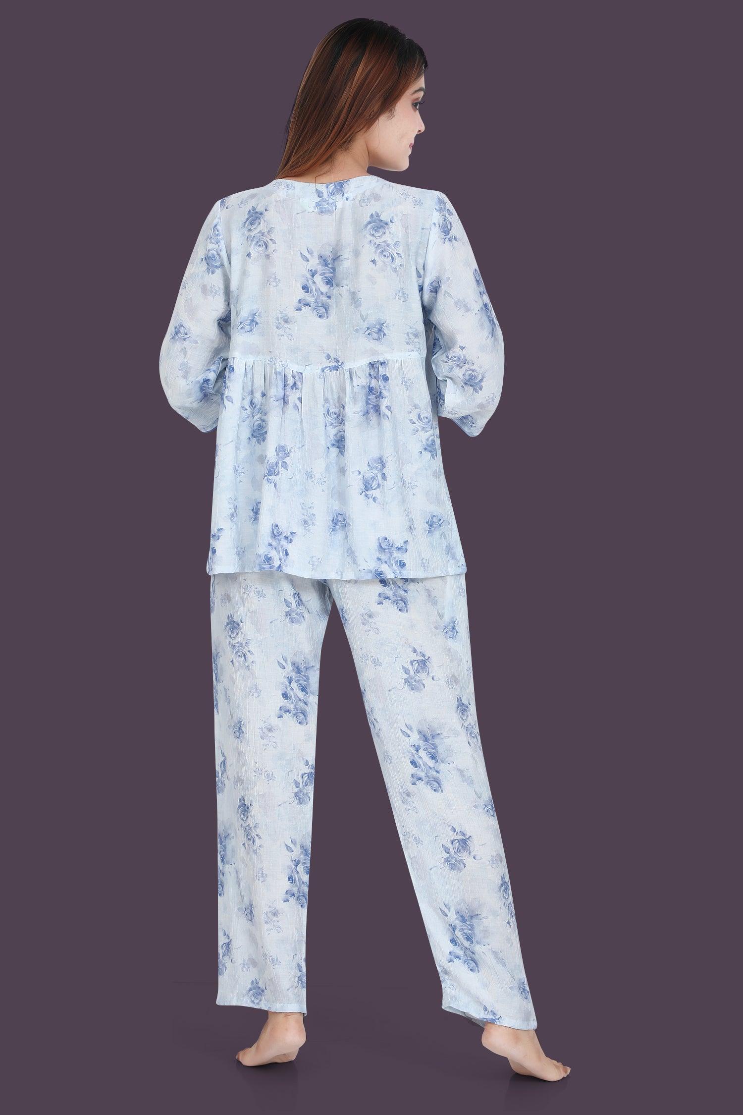 Velure Trendy Floral Print Frock-Style Night Suit - Velure - Long Top and Pant - 3/4 Sleeves, Frock Style, Full Length Pant, Linen, V Neck