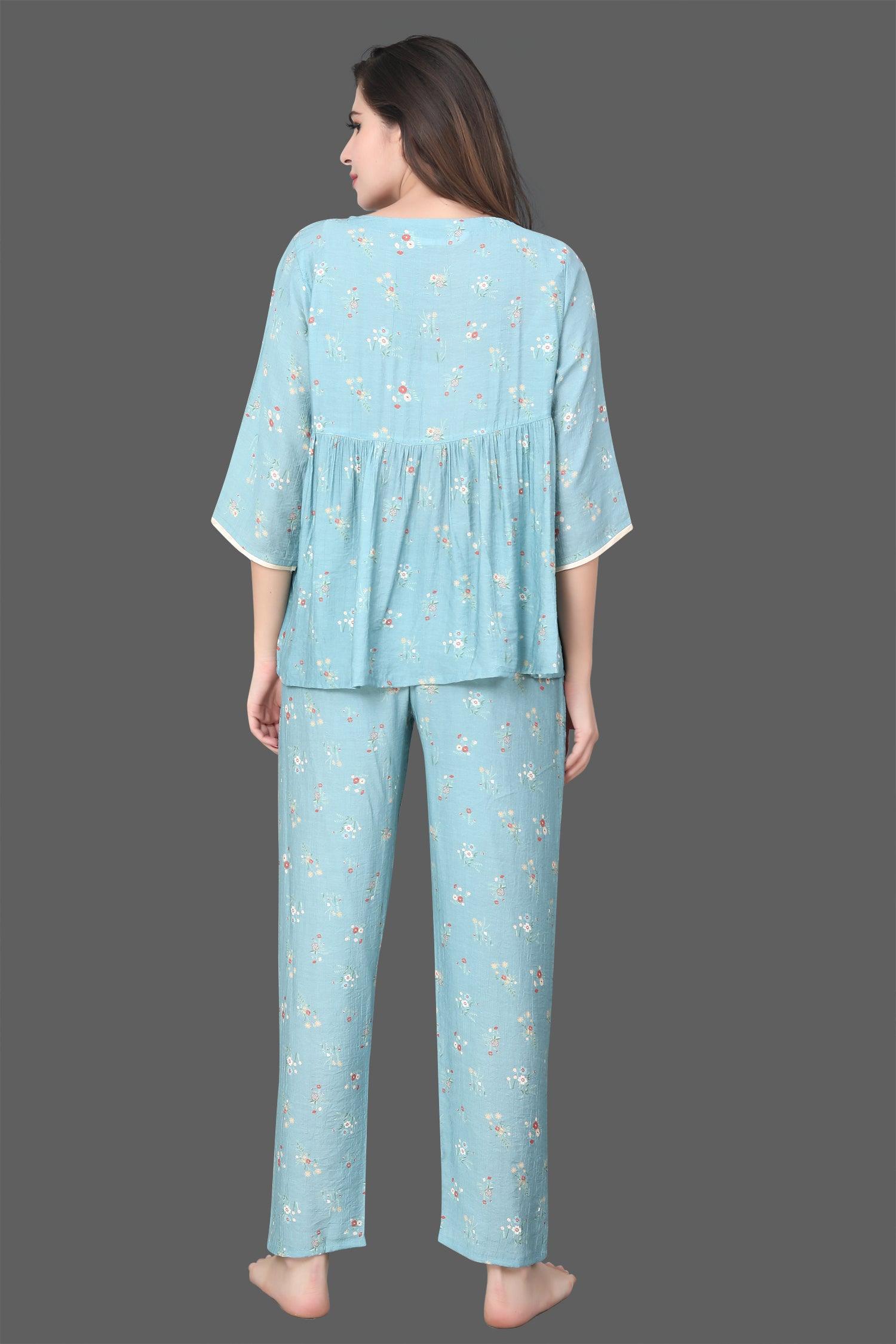 Velure Ethnic Floral Print Frock-Style Night Suit - Velure - Long Top and Pant - 3/4 Sleeves, Frock Style, Full Length Pant, Linen, V Neck