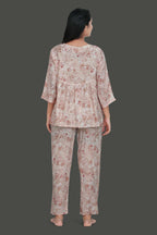 Velure Floral Print Frock-Style Night Suit - Velure - - 3/4 Sleeves, Frock Style, Full Length Pants, Linen, V Neck