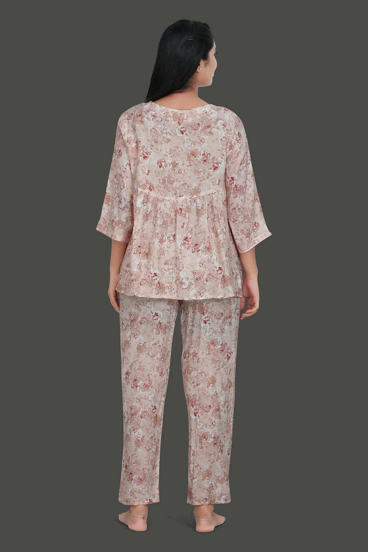 Velure Floral Print Frock-Style Night Suit - Velure - - 3/4 Sleeves, Frock Style, Full Length Pants, Linen, V Neck