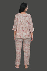 Velure Floral Print Frock-Style Night Suit - Velure - Long Top and Pant - 3/4 Sleeves, Frock Style, Full Length Pants, Linen, V Neck