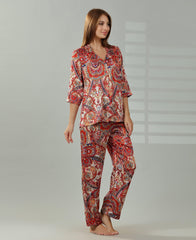 Geometry Print Satin Set - Velure - Shirt and Pant - Abstract Print, Collar Neck, Front Button Open, Full Length Pant, Full Sleeves, Satin