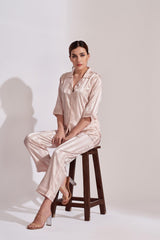 Peach Self Stripes Satin Night Suit - Velure - Shirt and Pant - 3/4 Sleeves, Collar Neck, Front Button Open, Full Length Pant, Satin, Stripes