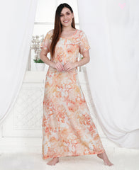 Velure Orange Floral Print Linen Nighty  - Velure - Nighty - Full Length Nighty, Half Sleeves Nighty, Linen, Round neck Nighty