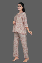 Velure Floral Print Frock-Style Night Suit - Velure - - 3/4 Sleeves, Frock Style, Full Length Pants, Linen, V Neck