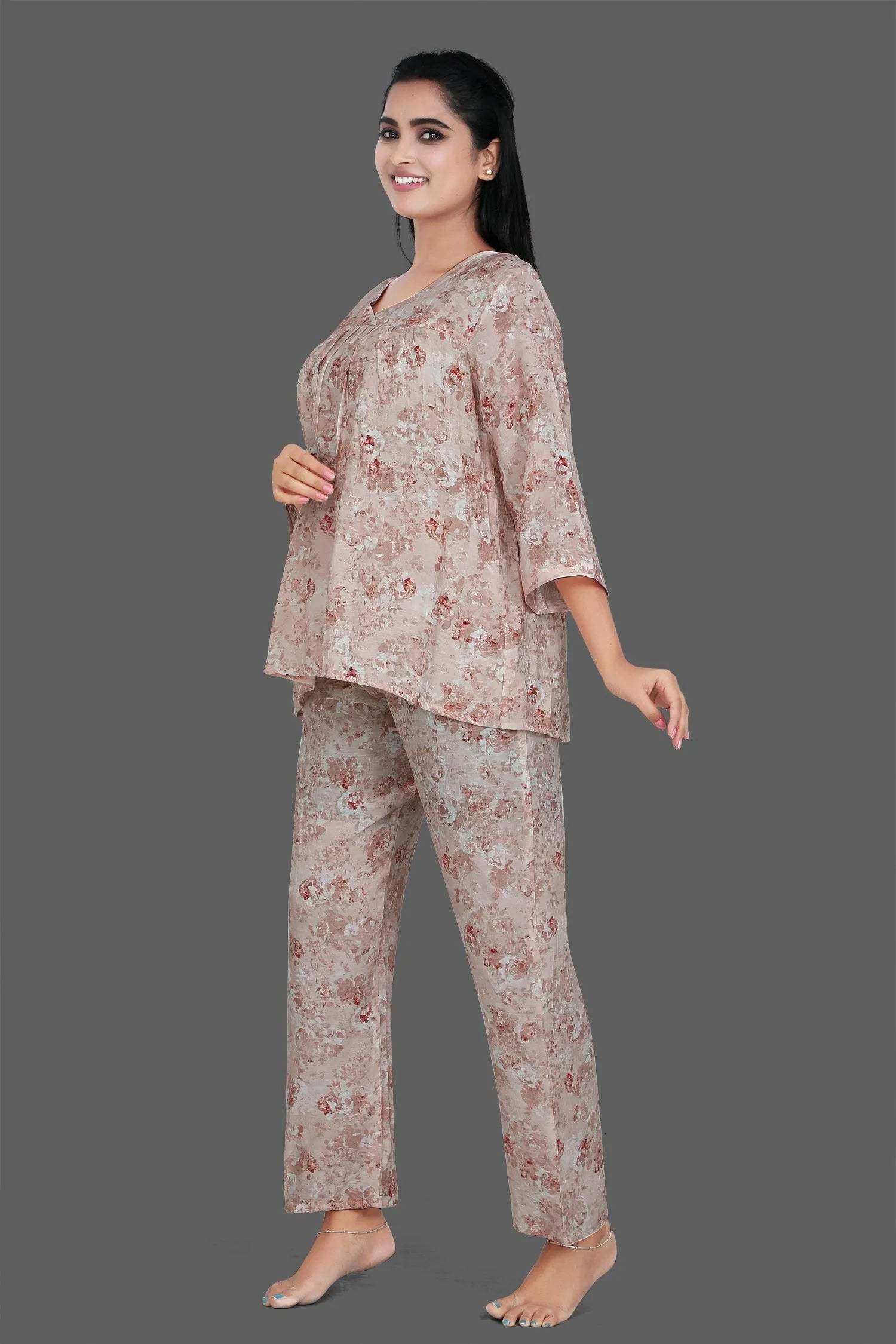 Velure Floral Print Frock-Style Night Suit - Velure - - 3/4 Sleeves, Frock Style, Full Length Pants, Linen, V Neck