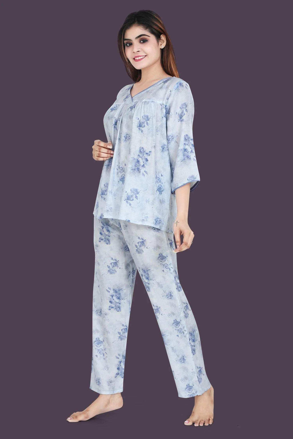 Velure Trendy Floral Print Frock-Style Night Suit - Velure - - 3/4 Sleeves, Frock Style, Full Length Pant, Linen, V Neck