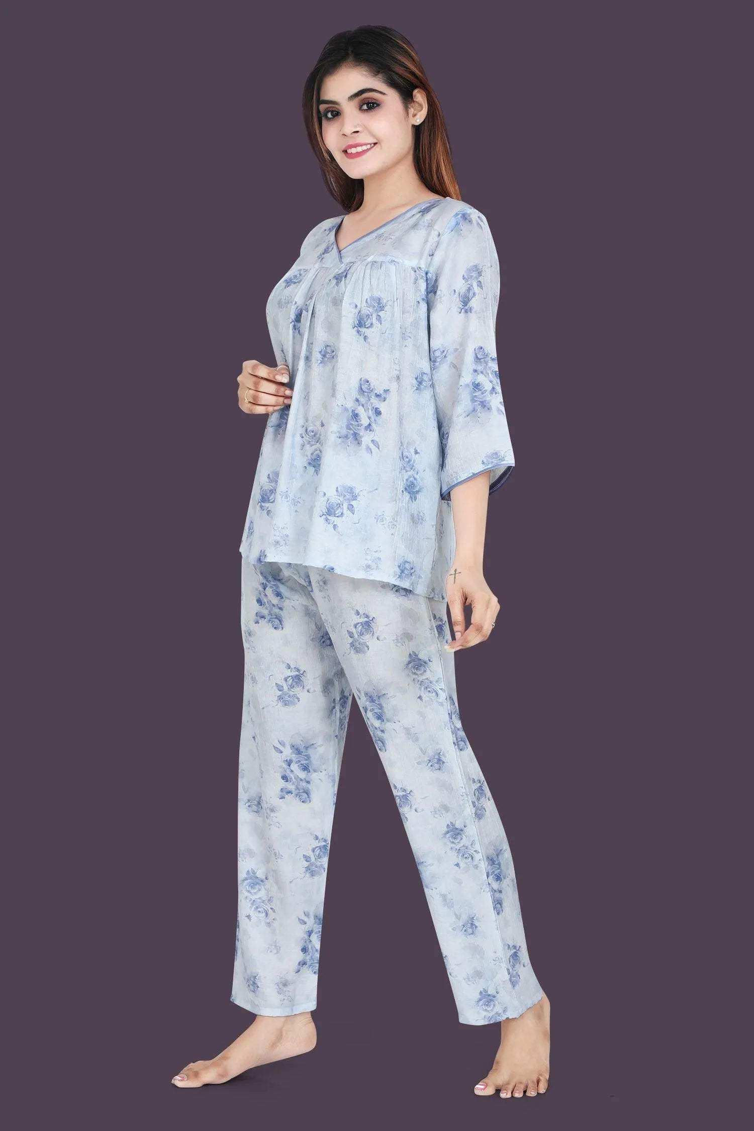 Velure Trendy Floral Print Frock-Style Night Suit - Velure - - 3/4 Sleeves, Frock Style, Full Length Pant, Linen, V Neck
