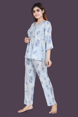 Velure Trendy Floral Print Frock-Style Night Suit - Velure - Long Top and Pant - 3/4 Sleeves, Frock Style, Full Length Pant, Linen, V Neck