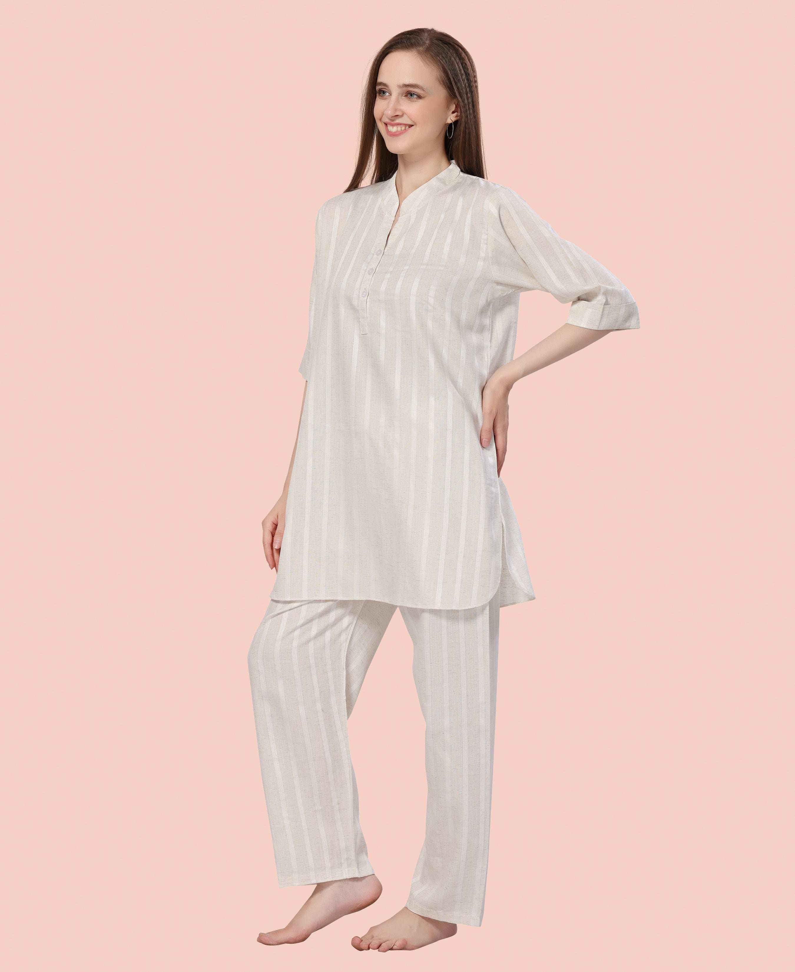 Velure Graceful Cream Kurti Style Night Suit - Velure - - 3/4 Sleeves, Collar Neck, Cotton, Front Button Open, Full Length Pant