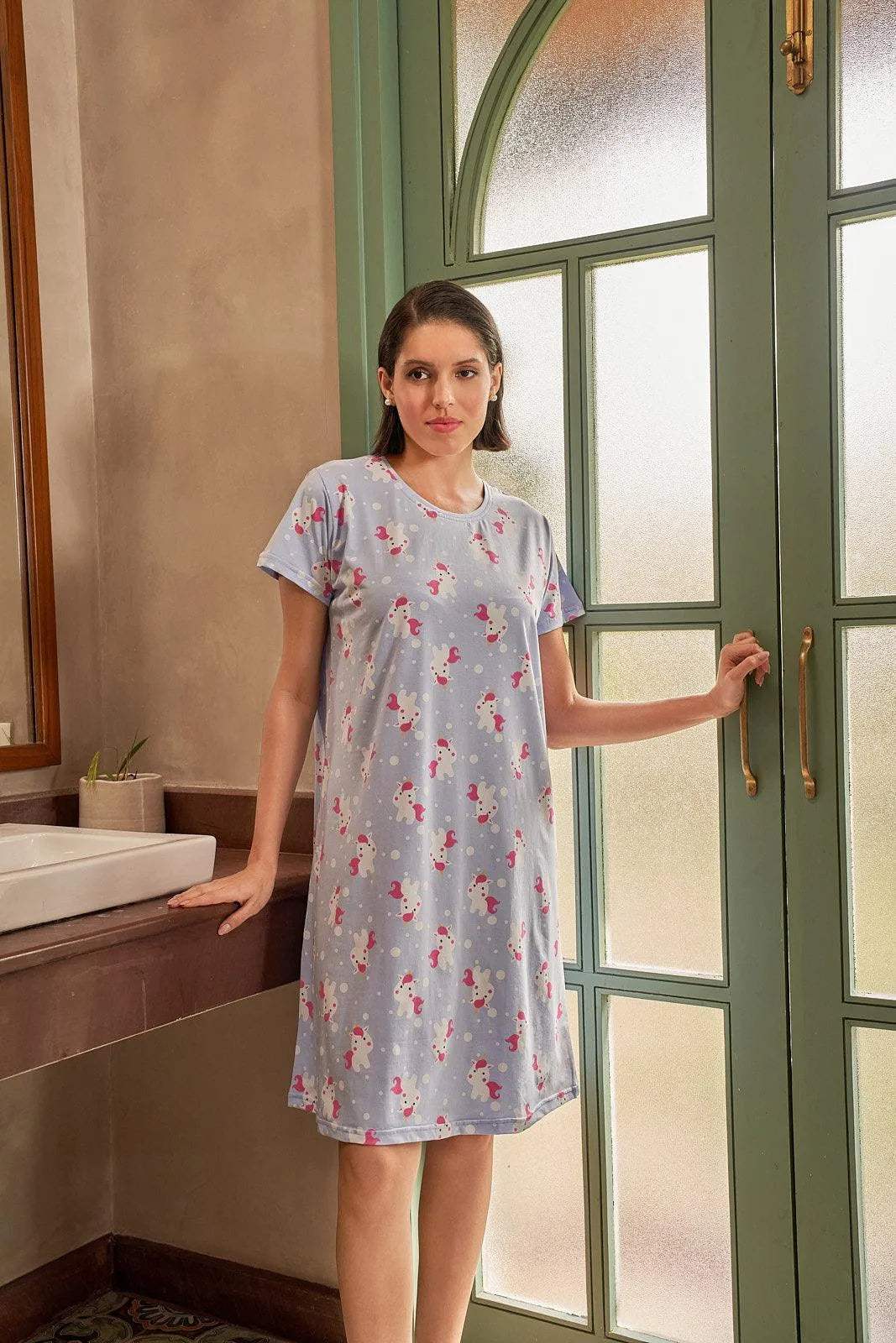 Velure Sparkling Unicorn Short Nighty - Velure - Short Nighty - Cotton, Half Sleeves, Knee Length, Printed, Round neck