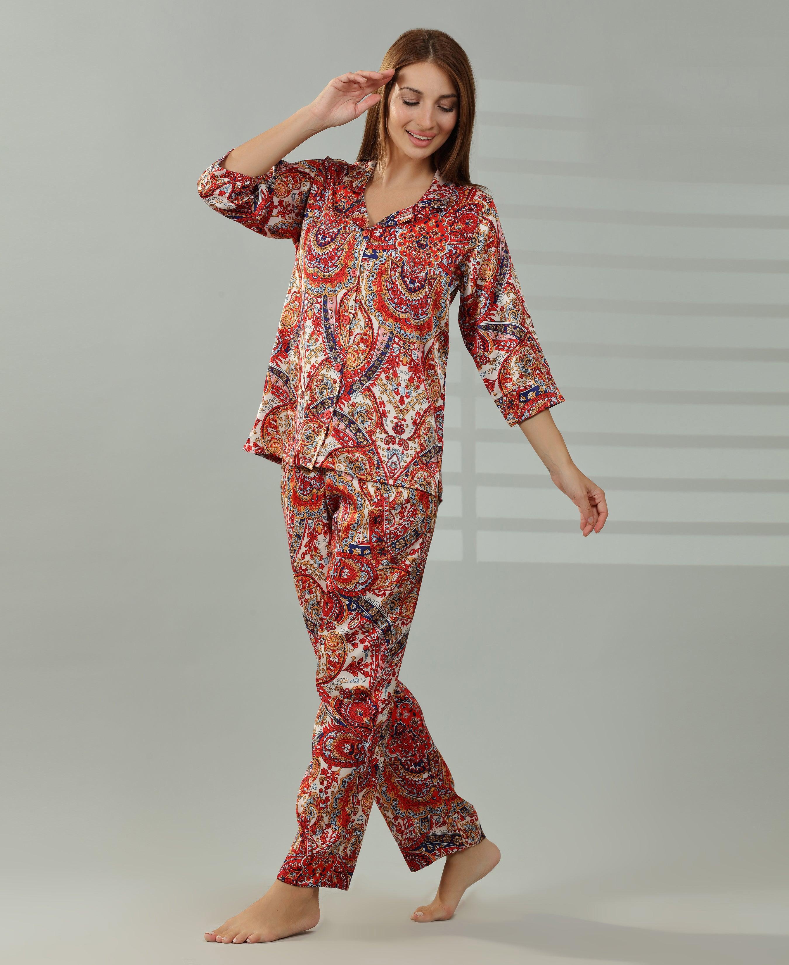 Geometry Print Satin Set - Velure - Shirt and Pant - Abstract Print, Collar Neck, Front Button Open, Full Length Pant, Full Sleeves, Satin