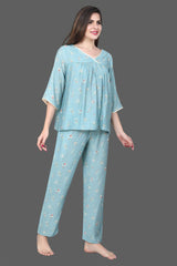 Velure Ethnic Floral Print Frock-Style Night Suit - Velure - Long Top and Pant - 3/4 Sleeves, Frock Style, Full Length Pant, Linen, V Neck