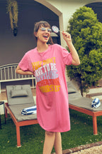 Pink T-Shirt Short Nighty - Velure - Short Nighty - Cotton, Half Sleeves, Knee Length, Printed, Round neck