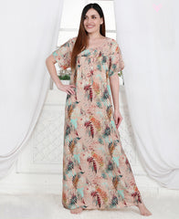 Velure Tropical Leaf Print Linen Nighty - Velure - - Full Length Nighty, Half Sleeves Nighty, Linen, Round neck Nighty