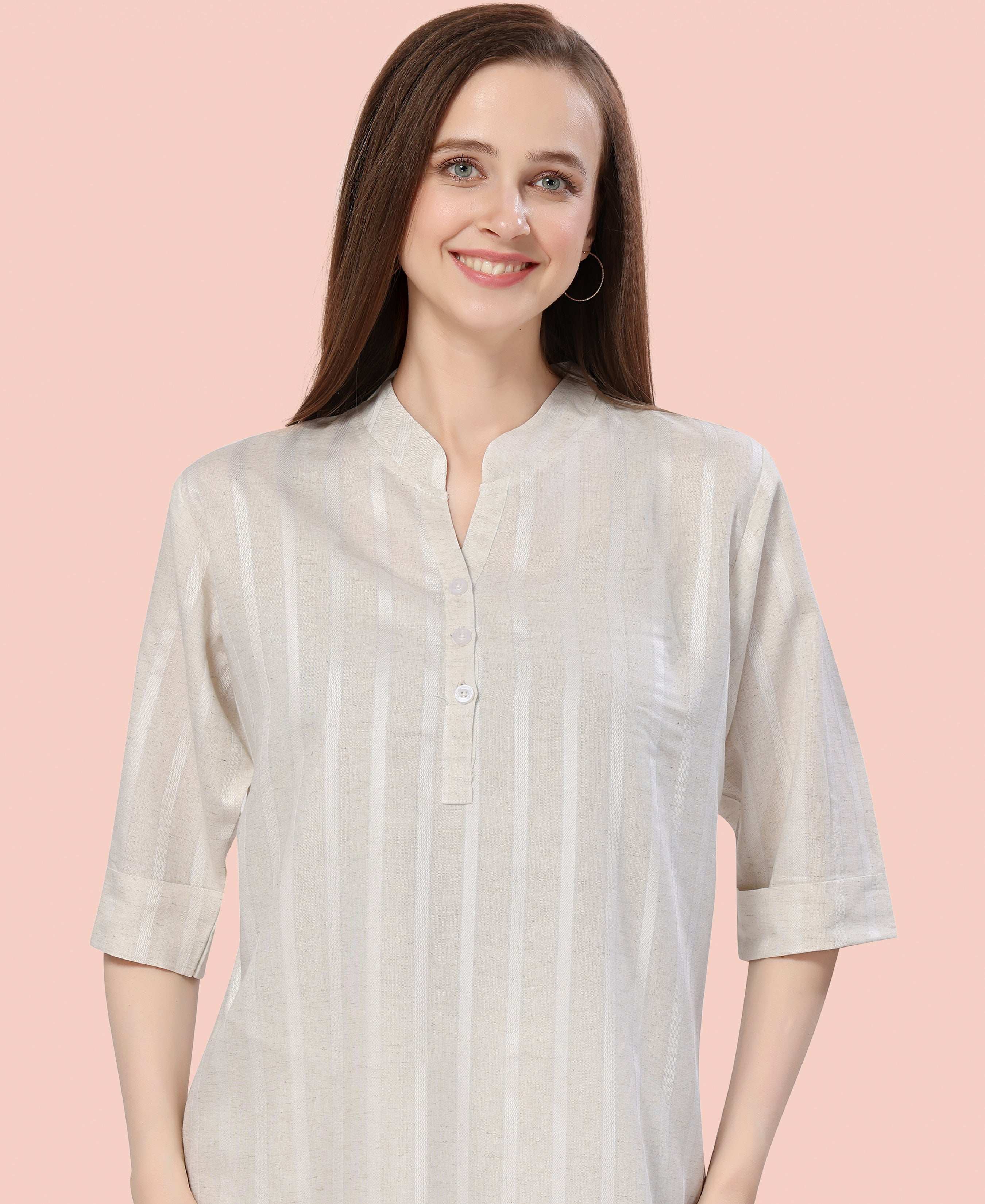 Velure Graceful Cream Kurti Style Night Suit - Velure - - 3/4 Sleeves, Collar Neck, Cotton, Front Button Open, Full Length Pant