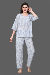 Velure Blue Leaves Print Frock-Style Night Suit - Velure - Long Top and Pant - 3/4 Sleeves, Frock Style, Full Length Pants, Linen, V Neck