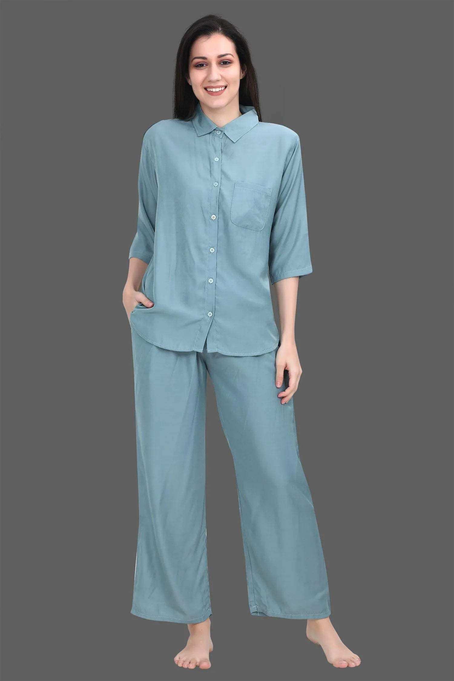 Velure Cozy Palazzo Co-ord Set - Velure - - 3/4 Sleeves, Collar Neck, Cotton, Front Button Open, Full Length Pant