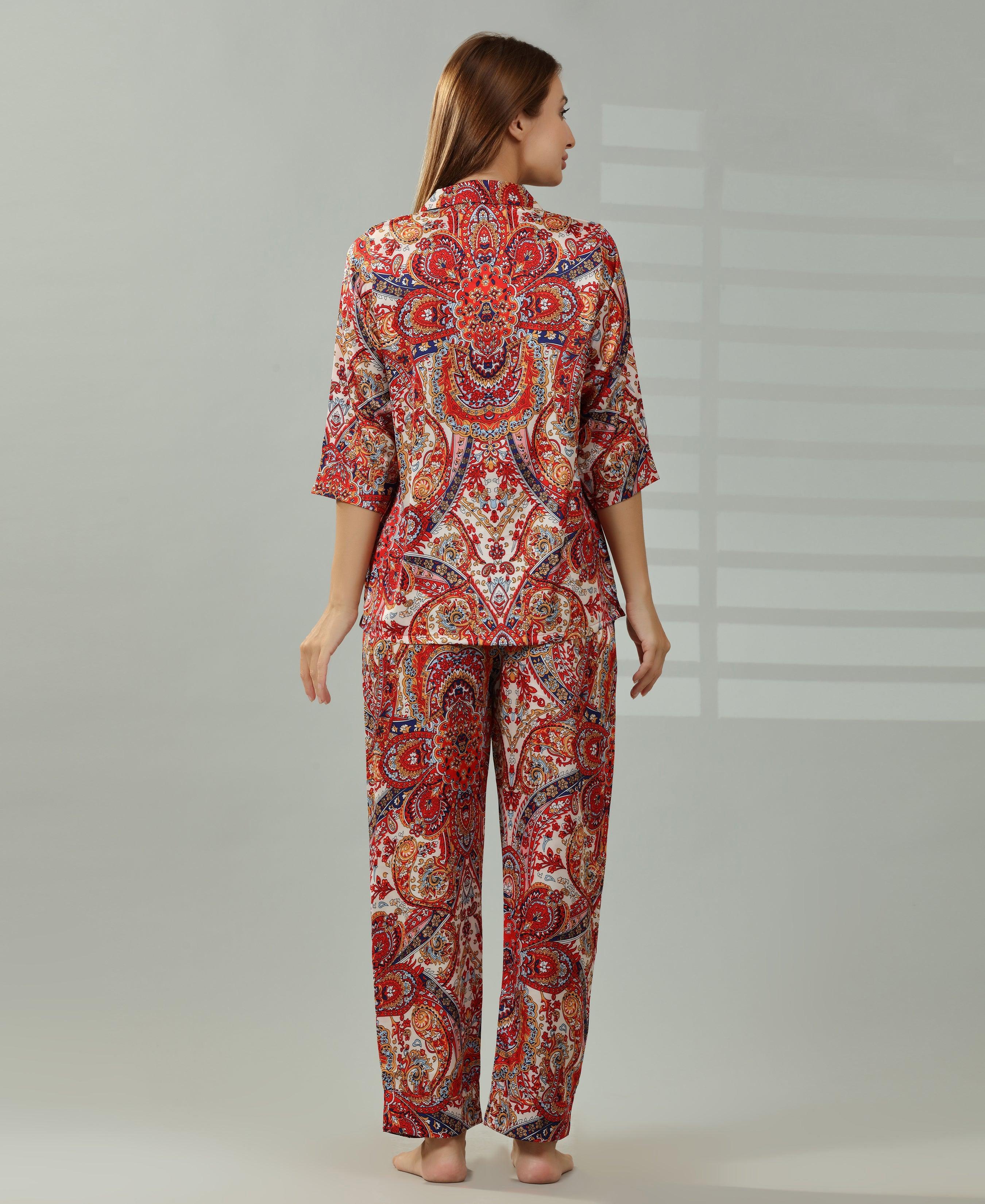 Geometry Print Satin Set - Velure - Shirt and Pant - Abstract Print, Collar Neck, Front Button Open, Full Length Pant, Full Sleeves, Satin