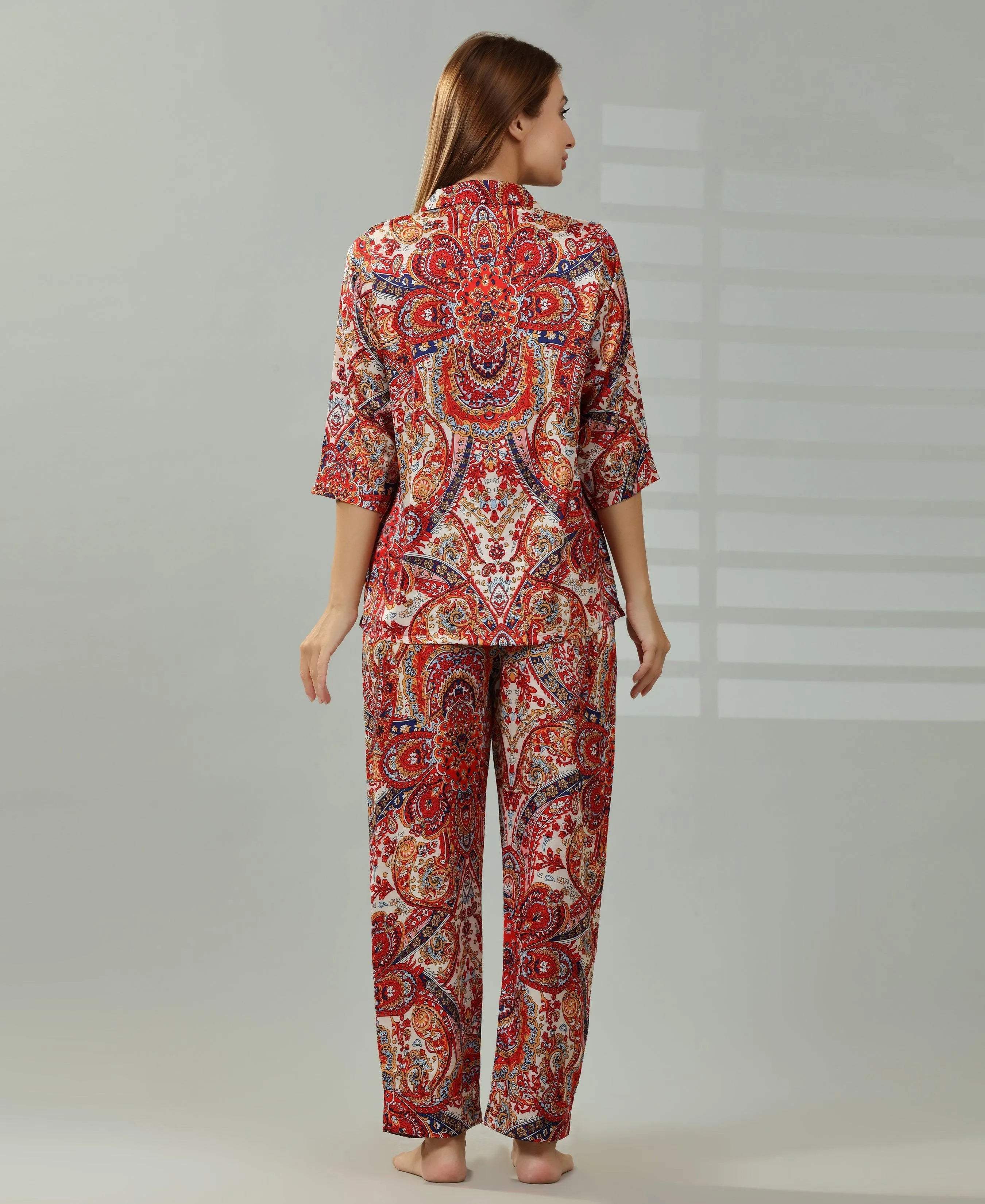 Geometry Print Satin Set - Velure - Shirt and Pant - Abstract Print, Collar Neck, Front Button Open, Full Length Pant, Full Sleeves, Satin