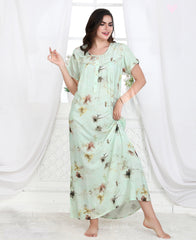 Velure Lovely Floral Print Linen Nighty - Velure - Nighty - Full Length Nighty, Half Sleeves Nighty, Linen, Round neck Nighty