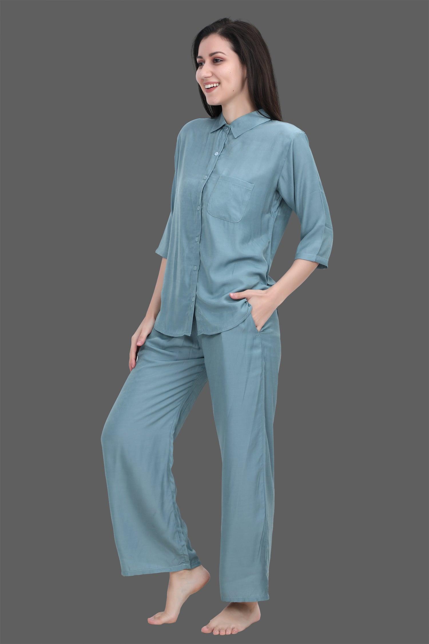 Velure Cozy Palazzo Co-ord Set - Velure - Long Top and Pant - 3/4 Sleeves, Collar Neck, Cotton, Front Button Open, Full Length Pant