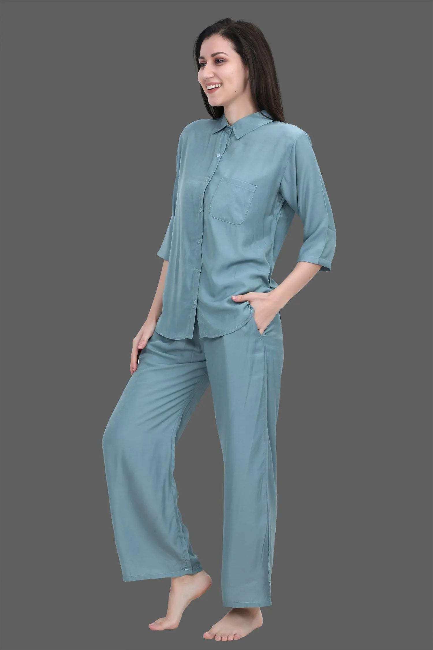 Velure Cozy Palazzo Co-ord Set - Velure - - 3/4 Sleeves, Collar Neck, Cotton, Front Button Open, Full Length Pant