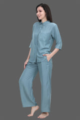 Velure Cozy Palazzo Co-ord Set - Velure - Long Top and Pant - 3/4 Sleeves, Collar Neck, Cotton, Front Button Open, Full Length Pant