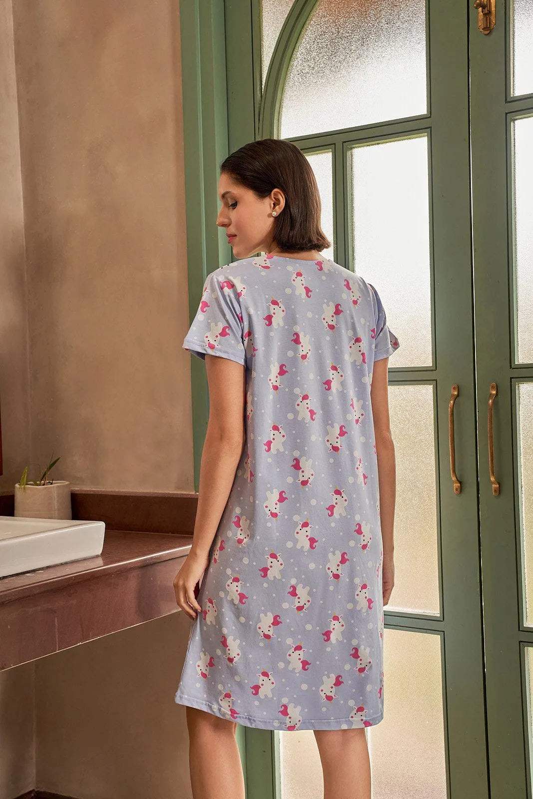 Velure Sparkling Unicorn Short Nighty - Velure - Short Nighty - Cotton, Half Sleeves, Knee Length, Printed, Round neck