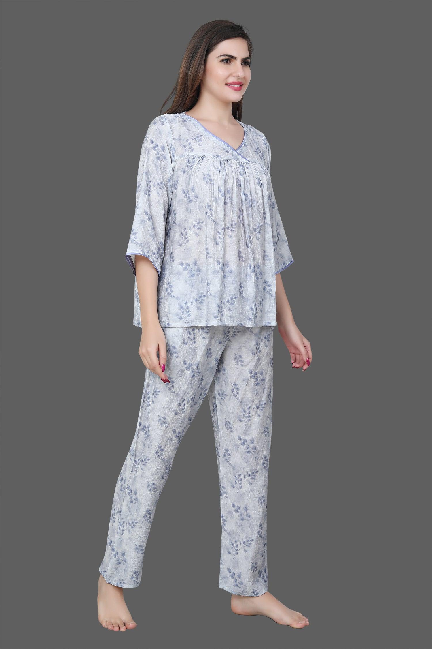 Velure Blue Leaves Print Frock-Style Night Suit - Velure - Long Top and Pant - 3/4 Sleeves, Frock Style, Full Length Pants, Linen, V Neck