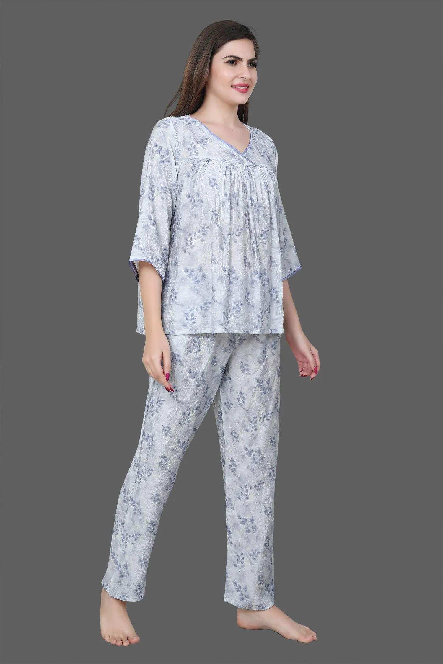 Velure Blue Leaves Print Frock-Style Night Suit - Velure - - 3/4 Sleeves, Frock Style, Full Length Pants, Linen, V Neck