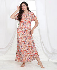 Velure Elegant Multi -Color Floral Print Linen Nighty  - Velure - Nighty - Full Length Nighty, Half Sleeves Nighty, Linen, Round neck Nighty