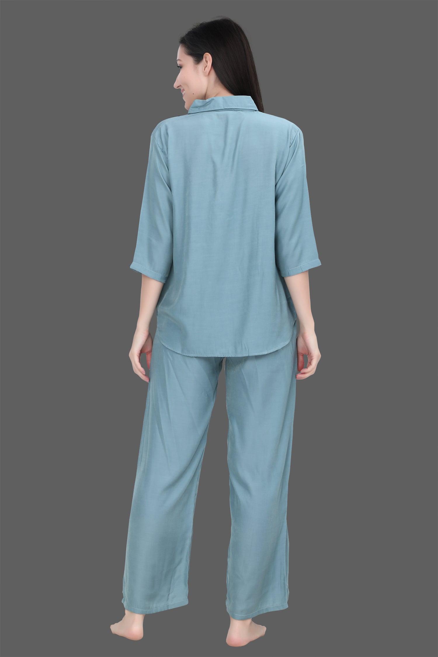 Velure Cozy Palazzo Co-ord Set - Velure - Long Top and Pant - 3/4 Sleeves, Collar Neck, Cotton, Front Button Open, Full Length Pant