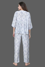 Velure Blue Leaves Print Frock-Style Night Suit - Velure - - 3/4 Sleeves, Frock Style, Full Length Pants, Linen, V Neck