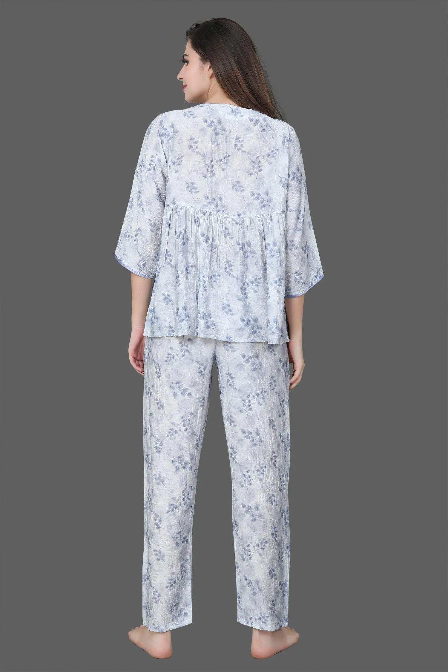 Velure Blue Leaves Print Frock-Style Night Suit - Velure - - 3/4 Sleeves, Frock Style, Full Length Pants, Linen, V Neck