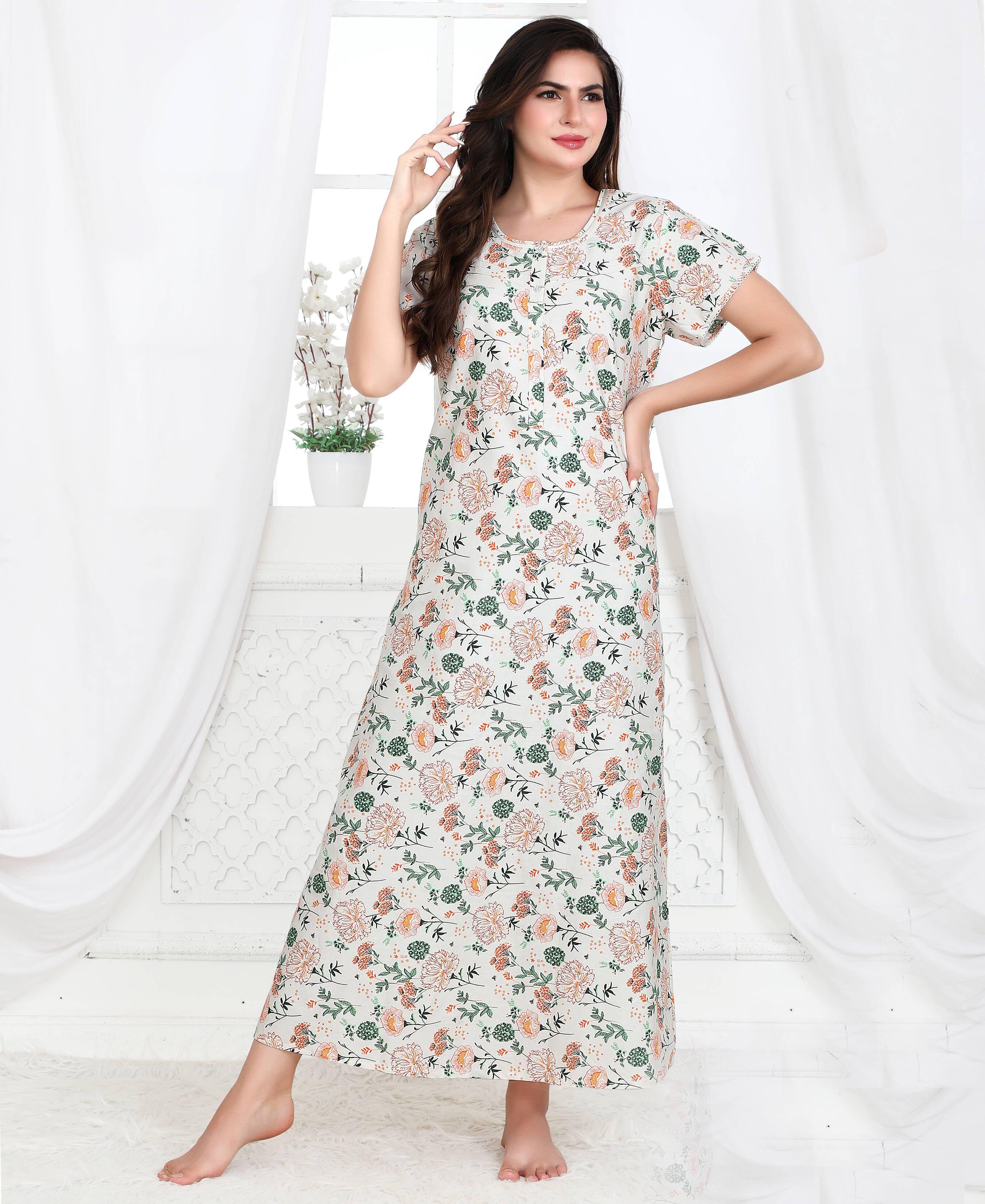 Velure Classic Floral Print Cotton Nighty - Velure - Nighty - Cotton, Full Length Nighty, Half Sleeves Nighty, Round neck Nighty