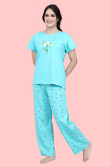 Velure Dazzling Floral Print Pajama Set - Velure - T-Shirt and Pant - Cotton Lycra Fabric, Floral Print, Full Length Pant, Half Sleeves, Round neck nightsuit