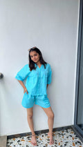 Velure Chic Blue Shorts - Velure - - Collar Neck, Half Sleeves, Oversized fit, Shorts