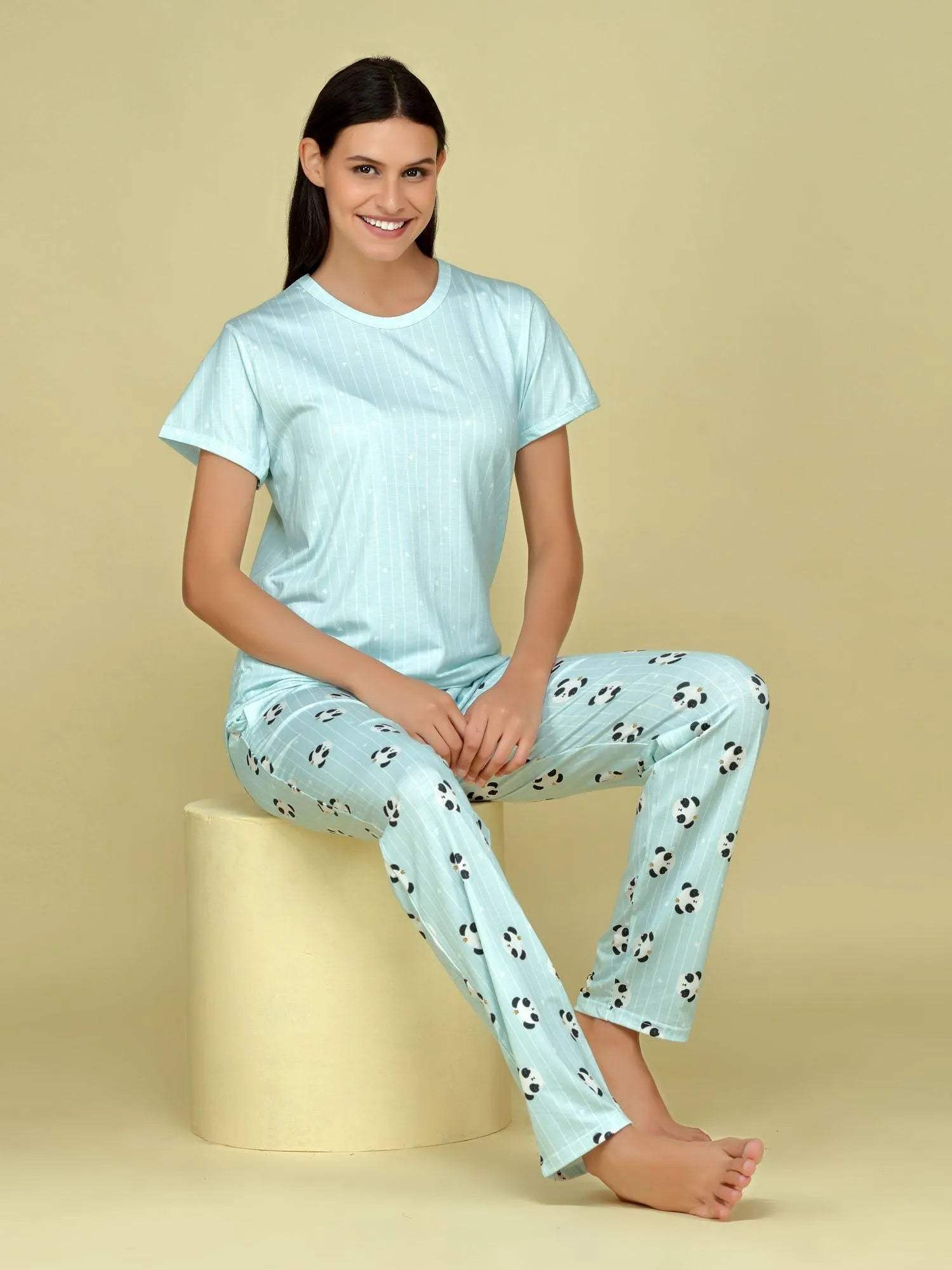 Velure Cute Panda Print Pajama Set - Velure - T-Shirt and Pants - Cotton, Full Length Pant, Half Sleeves, Printed, Round neck