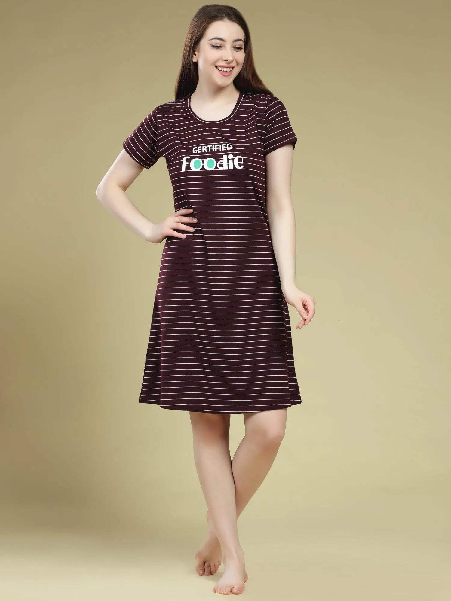 Pleasing Stripes Short Nighty - Velure - Short Nighty - Cotton, Half Sleeves, Knee Length, Printed, Round neck