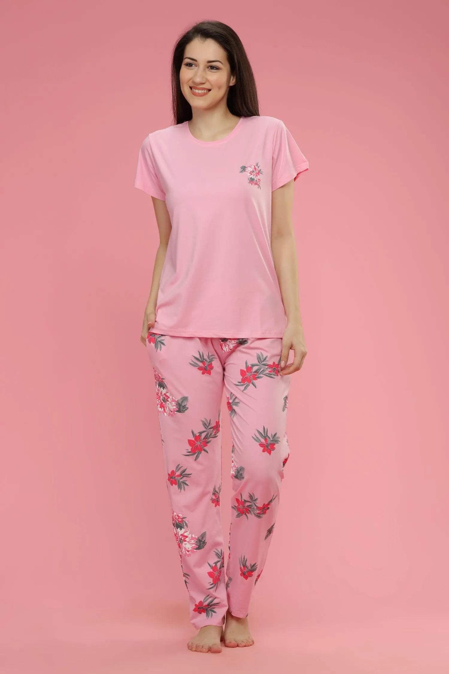 Velure Jazzy Floral Print Night Suit - Velure - Shirt and Pant - Cotton, Floral Print, Full Length Pant, Half Sleeves, Round neck