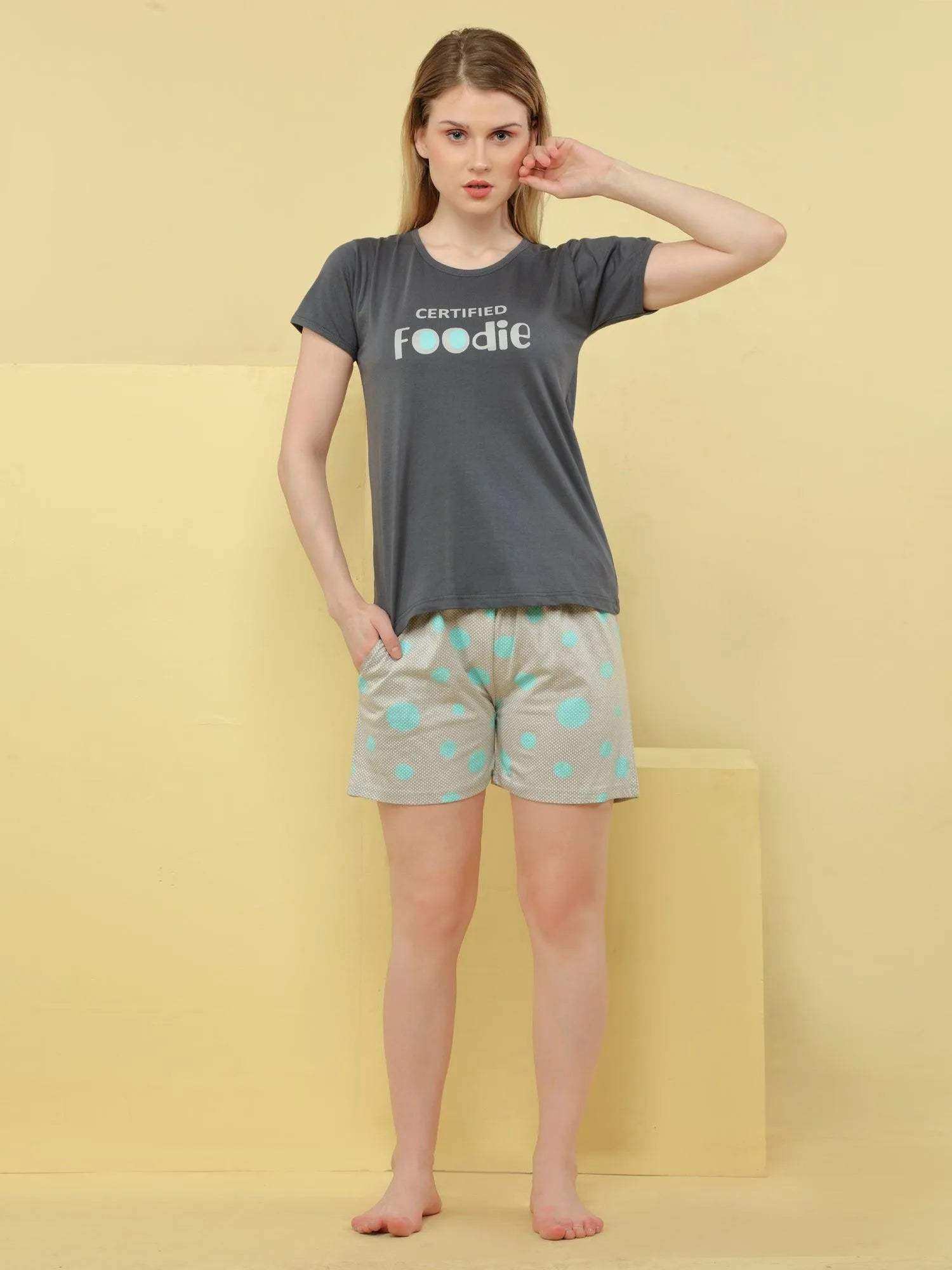 Trendy Foodie Print Shorts Set - Velure - - Cotton, Half Sleeves, Printed, Round neck, Shorts