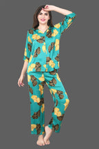 Velure Bold Abstract Floral Satin Night Suit - Velure - - 3/4 Sleeves, Abstract Print, Collar Neck, Front Button Open, Full Length Pants, Satin