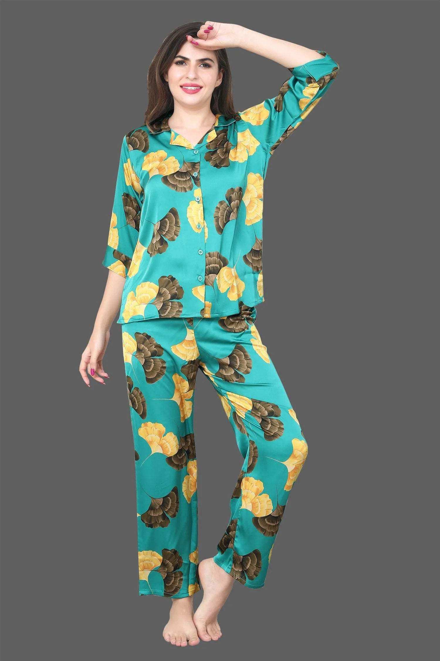 Velure Bold Abstract Floral Satin Night Suit - Velure - - 3/4 Sleeves, Abstract Print, Collar Neck, Front Button Open, Full Length Pants, Satin