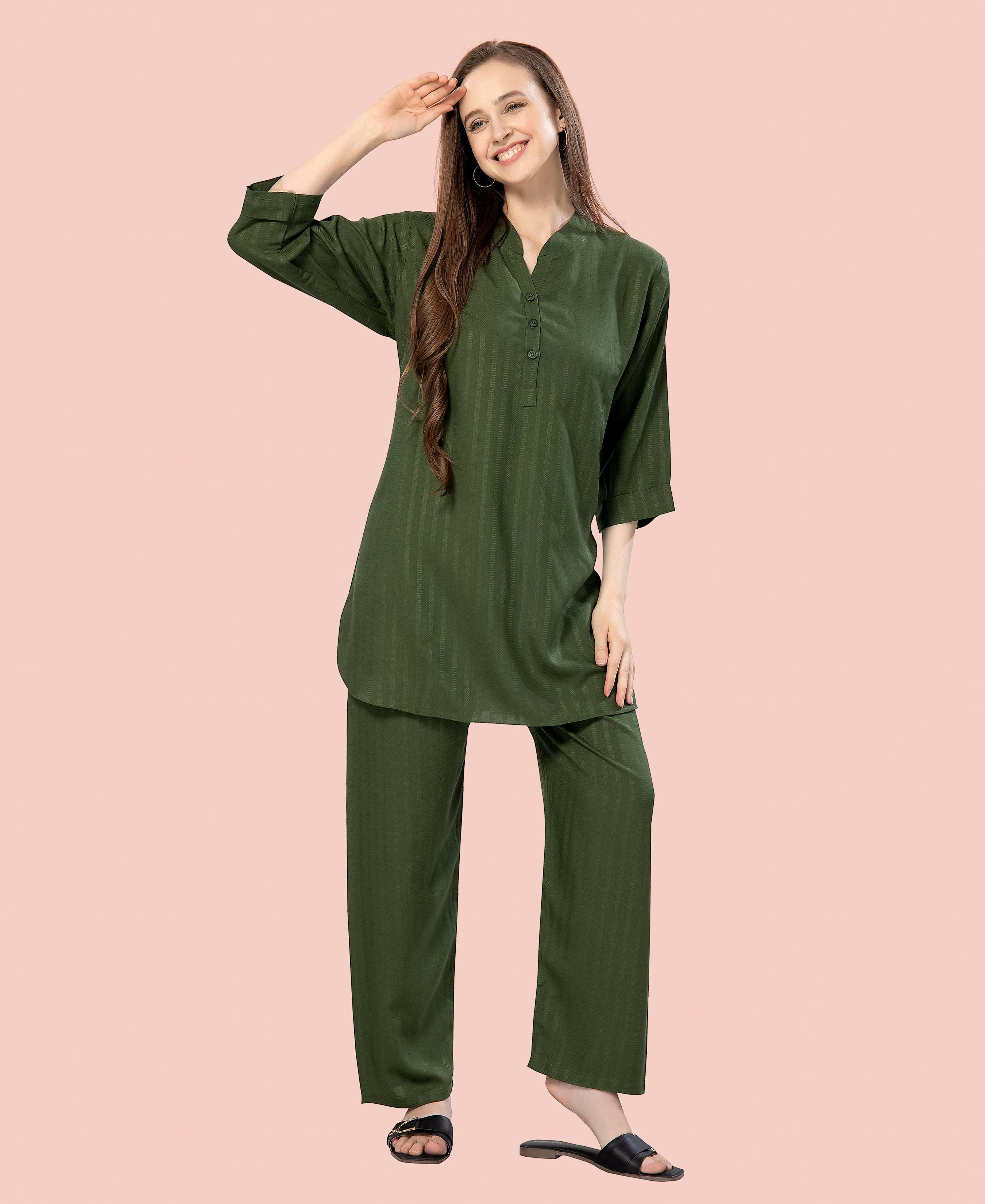 Velure Classic Green Kurti Style Night Suit - Velure - - 3/4 Sleeves, Collar Neck, Cotton, Front Button Open, Full Length Pant