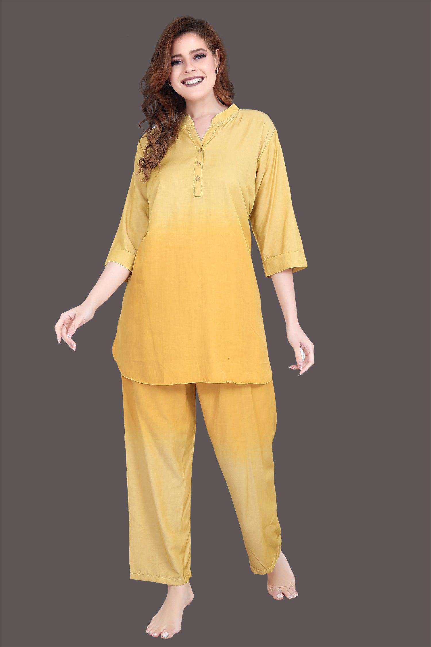 Velure Cool Dual Shade Kurti Style Night Suit - Velure - Long Top and Pant - 3/4 Sleeves, Collar Neck, Cotton, Front Button Open, Full Length Pant