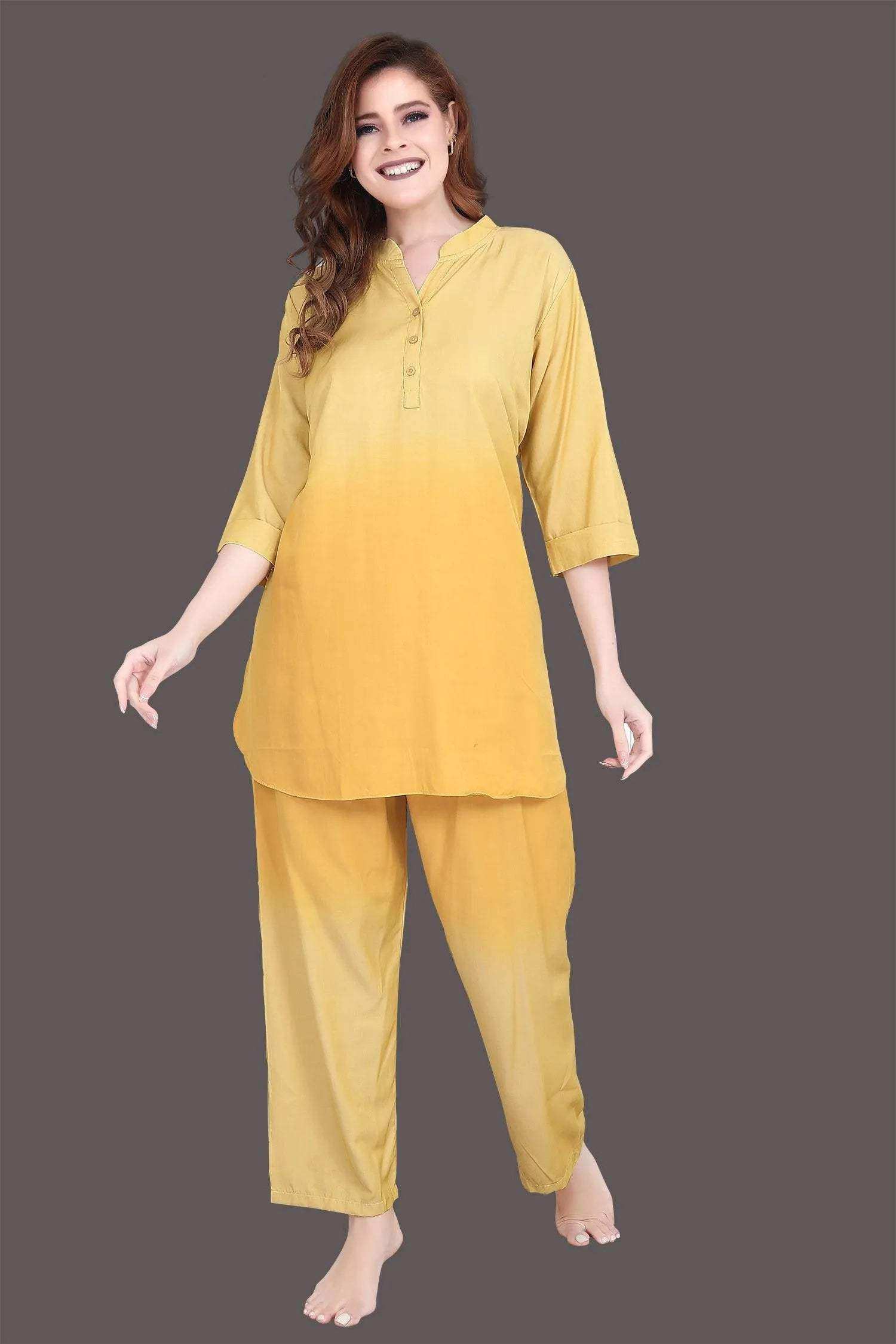 Velure Cool Dual Shade Kurti Style Night Suit - Velure - - 3/4 Sleeves, Collar Neck, Cotton, Front Button Open, Full Length Pant