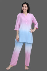 Velure Pink Sleek Dual Shade Kurti Style Night Suit - Velure - Long Top and Pant - 3/4 Sleeves, Collar Night Suit, Cotton, Full Length Pant, Long Top Night Suit