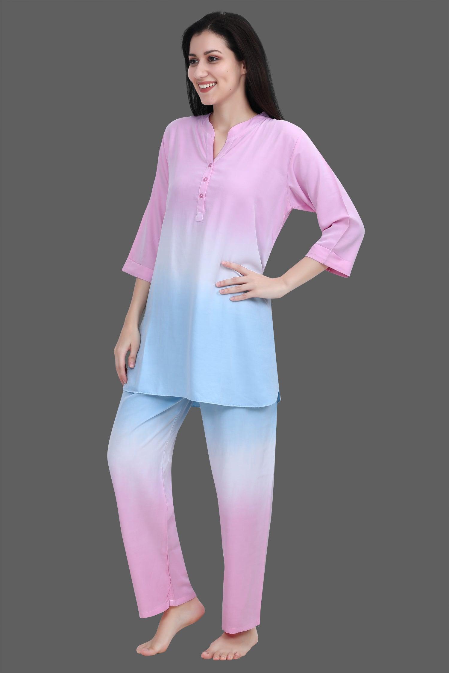 Velure Pink Sleek Dual Shade Kurti Style Night Suit - Velure - Long Top and Pant - 3/4 Sleeves, Collar Night Suit, Cotton, Full Length Pant, Long Top Night Suit